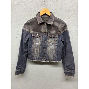 BCBGMAXAZRIA Cropped Denim Jacket Women's XS Blue Lamb Leather Trim Frayed Hem